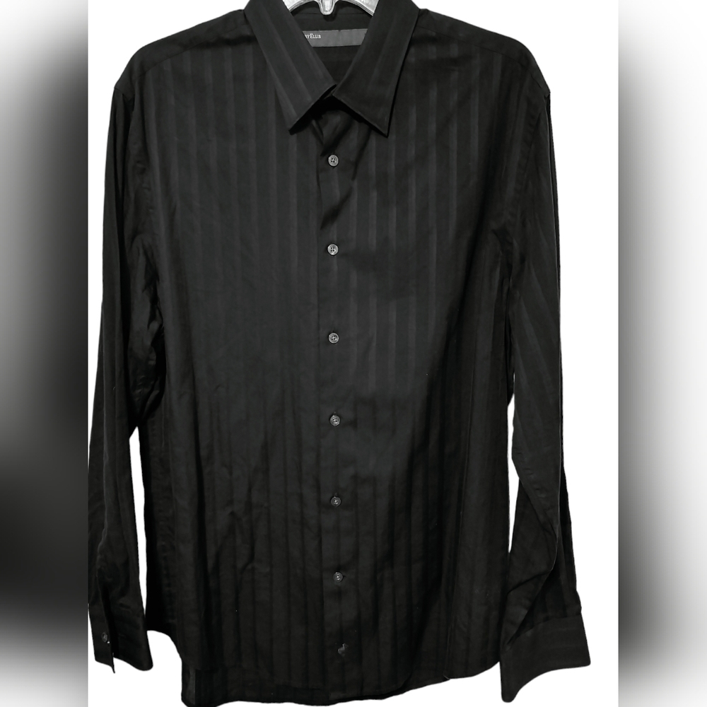 (M67) Perry Ellis Long Sleeve Black Striped Cotton Dress Shirt Size Large